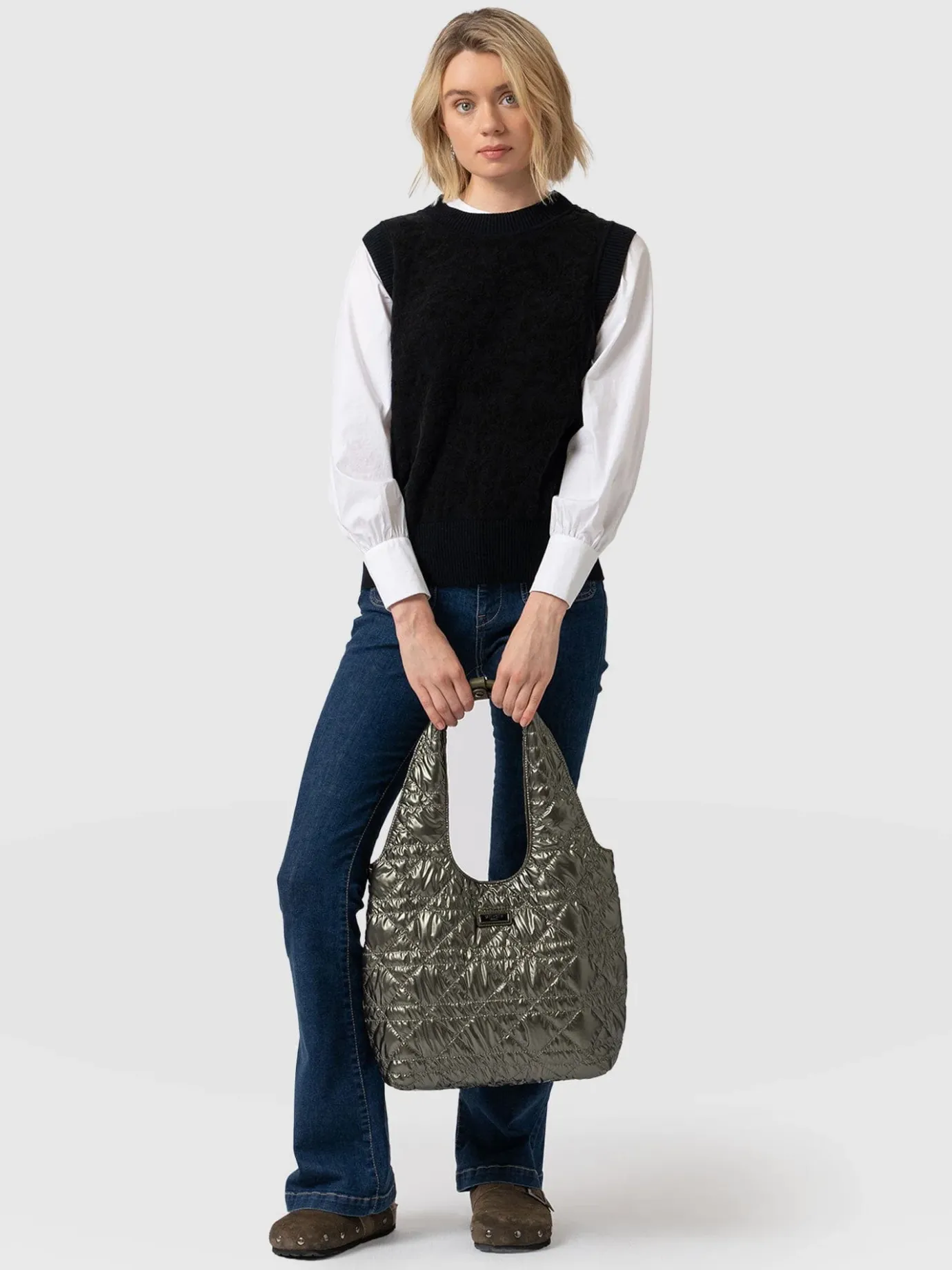 Shoulder Bags|Tote Bags|Saint and Sofia Quilted Stella Shoulder Tote Bag - Metallic Khaki
