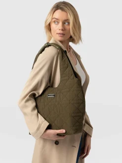 Shoulder Bags|Nylon Bags|Saint and Sofia Quilted Stella Shoulder Tote Bag - Khaki