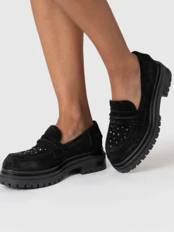 Shoes|Leather|Saint and Sofia Raine Studded Loafer - Black Suede