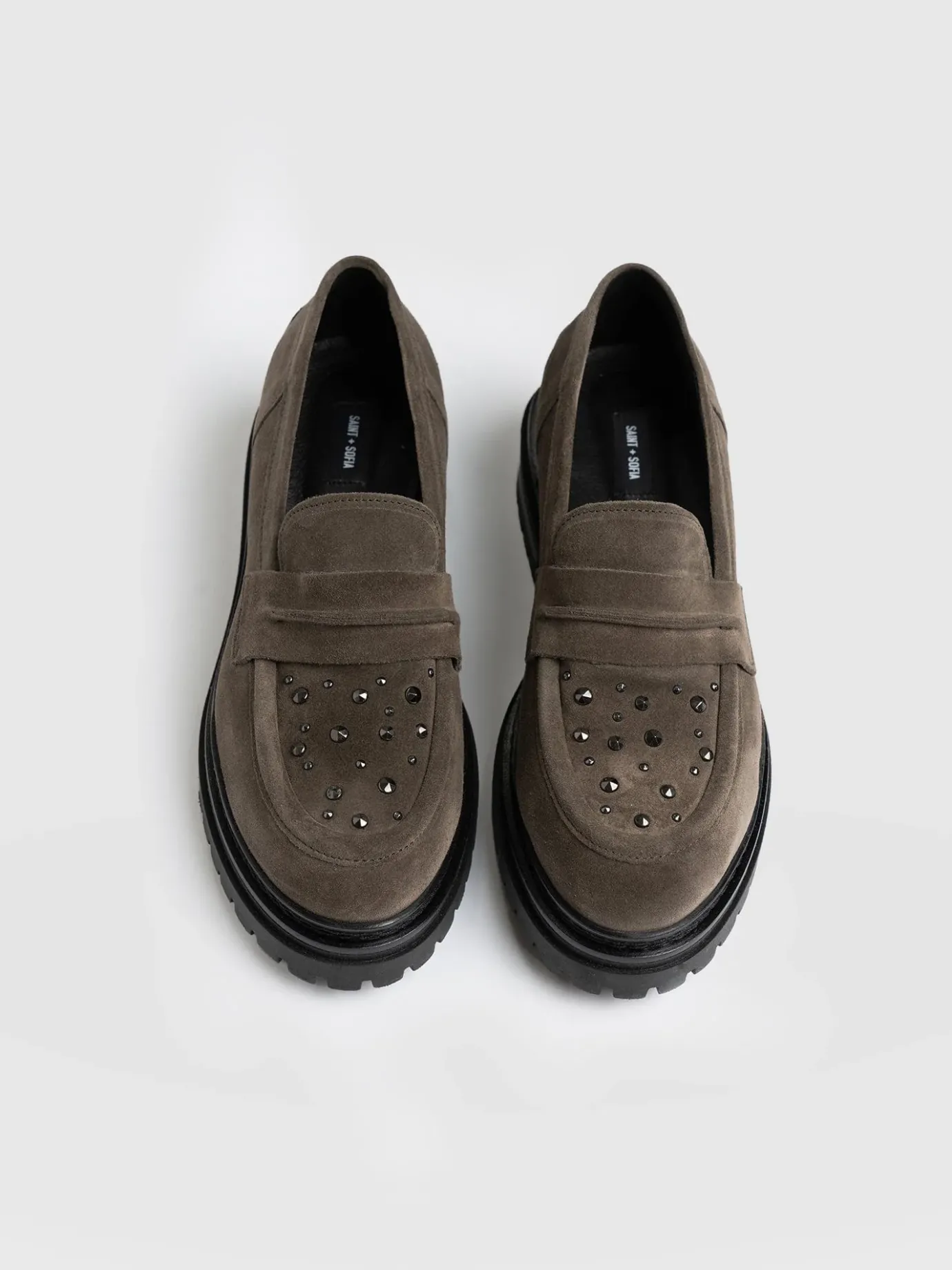 Shoes|Leather|Saint and Sofia Raine Studded Loafer - Taupe Suede