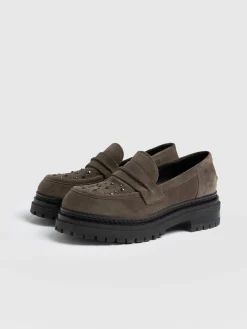 Shoes|Leather|Saint and Sofia Raine Studded Loafer - Taupe Suede