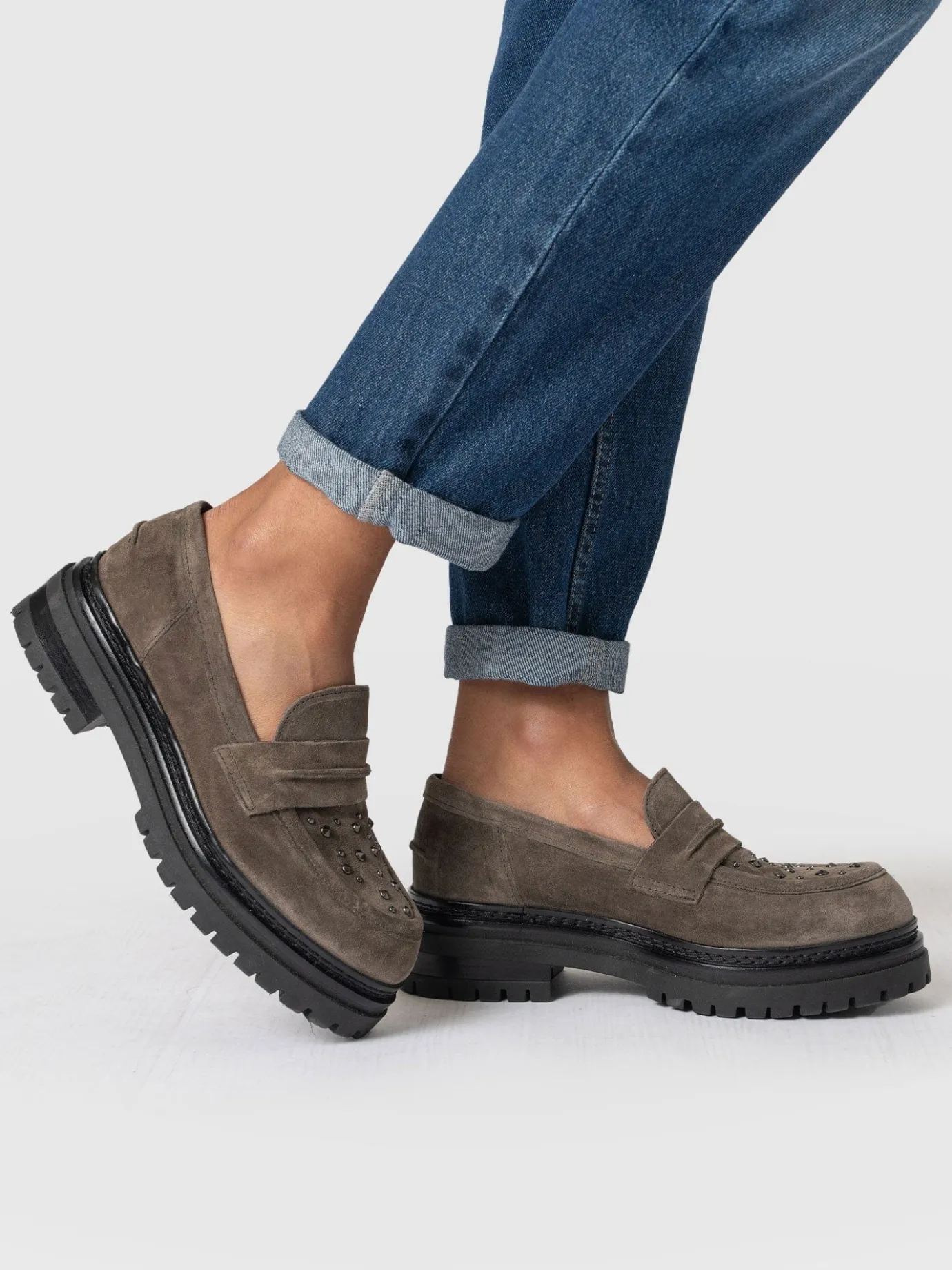 Shoes|Leather|Saint and Sofia Raine Studded Loafer - Taupe Suede