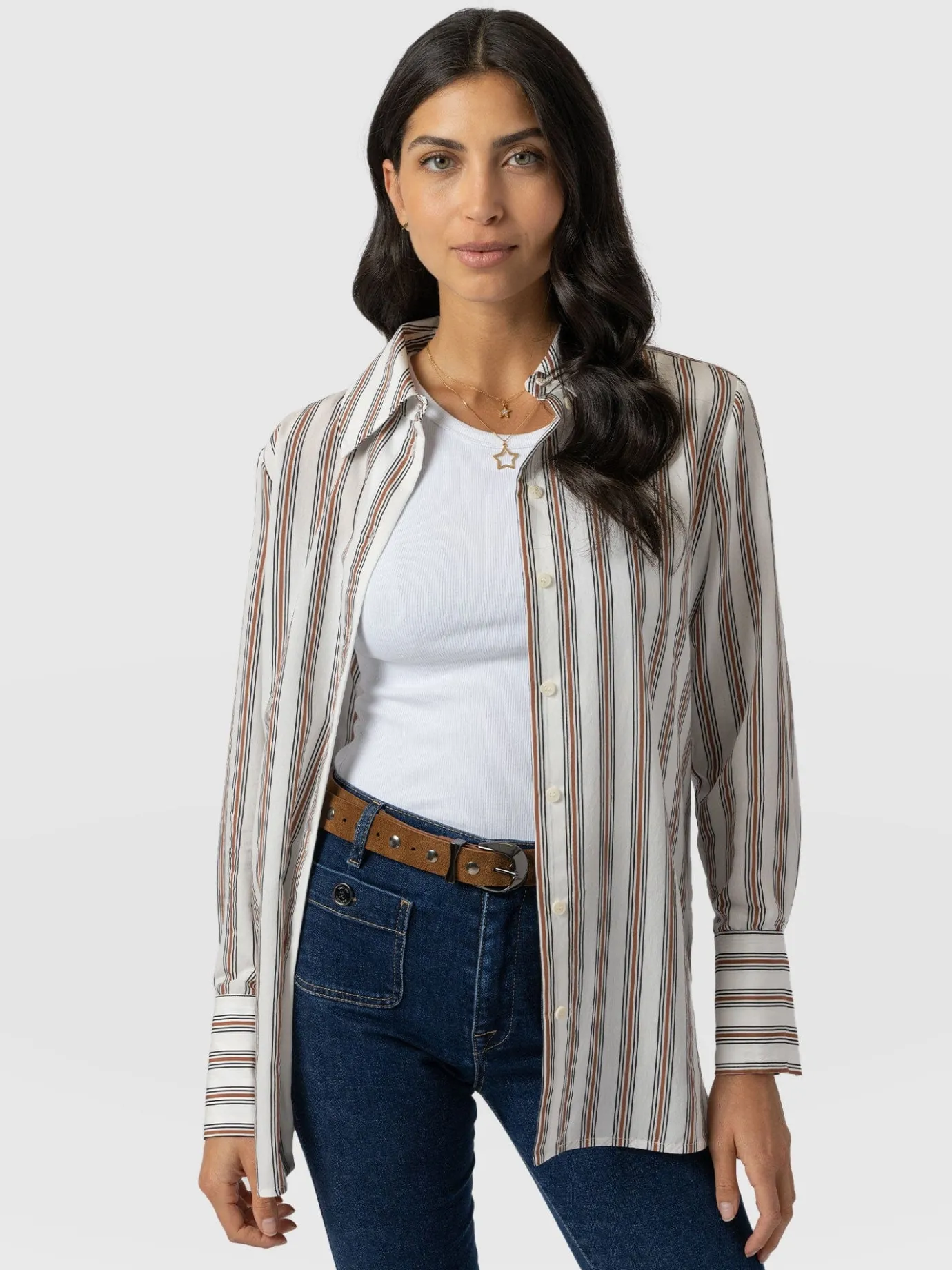 Blouses & Shirts|Saint and Sofia Reagan Tie Shirt - Beige Stripe