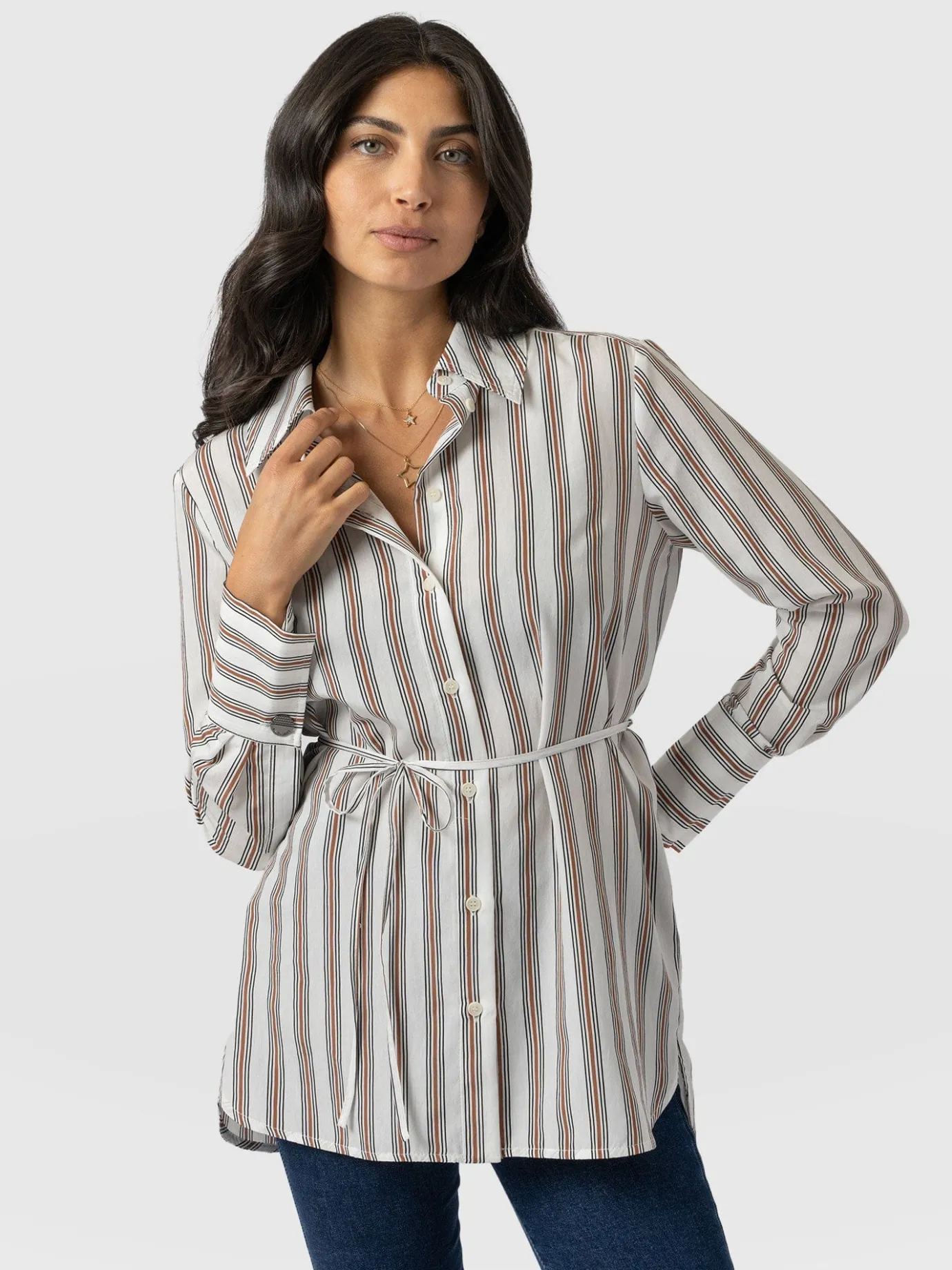 Blouses & Shirts|Saint and Sofia Reagan Tie Shirt - Beige Stripe