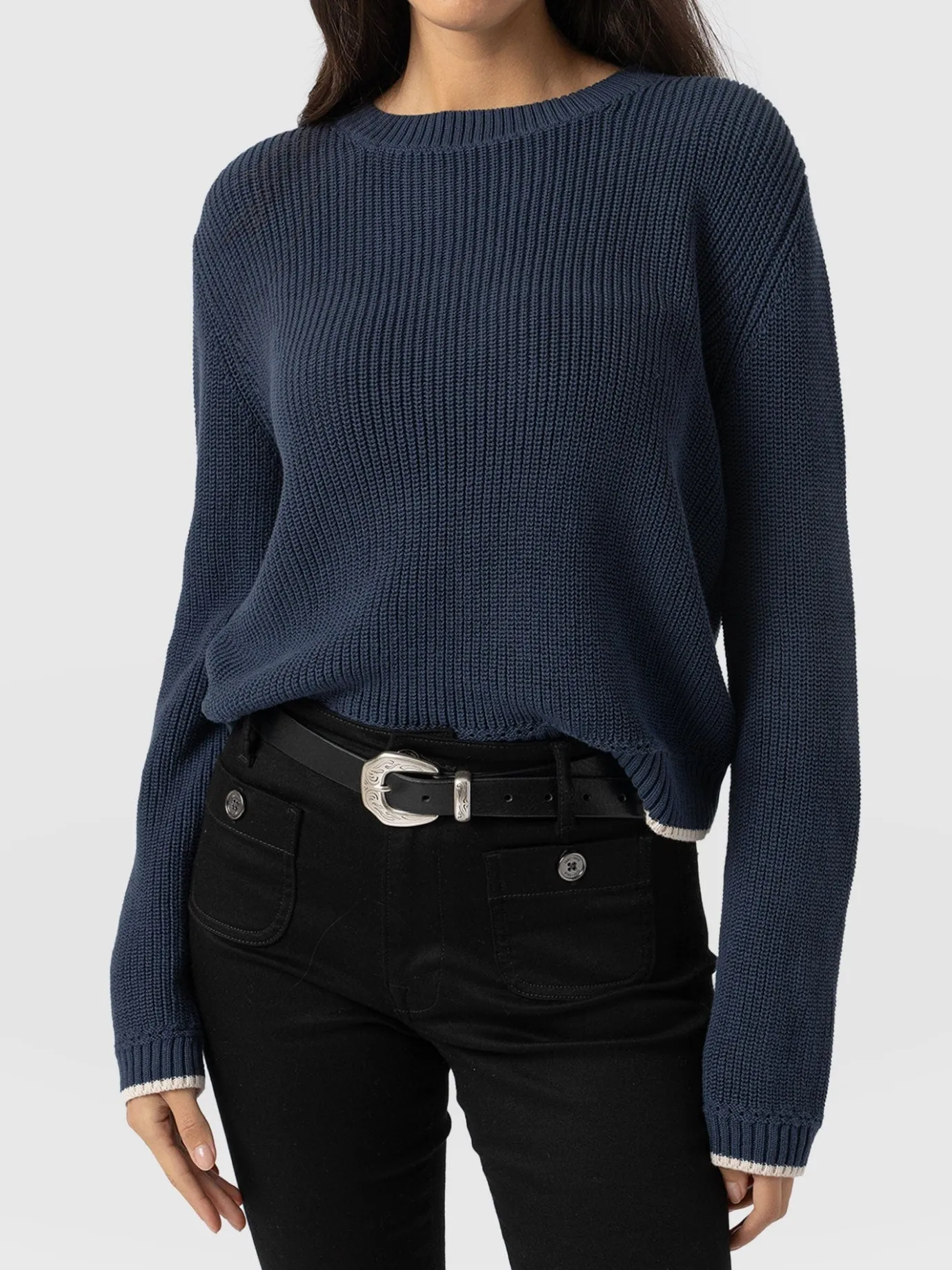 Knitwear|Sweaters|Saint and Sofia Remy Crop Sweater - Navy