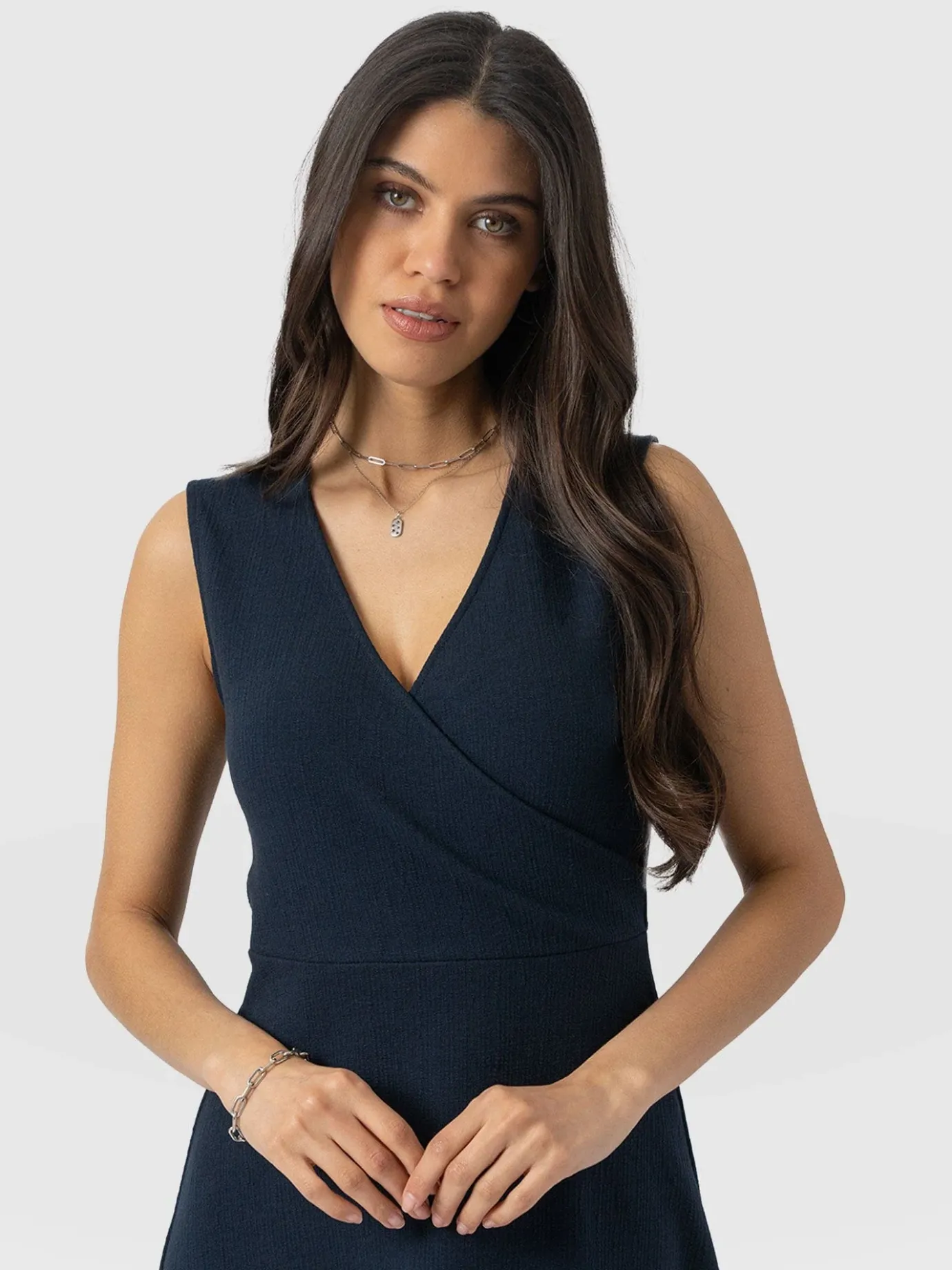 Dresses|Saint and Sofia Sleeveless Maggie Wrap Dress - Navy Textured