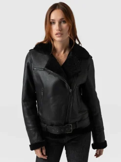 Leather|Coats & Jackets|Saint and Sofia Spitfire Shearling Jacket - Black