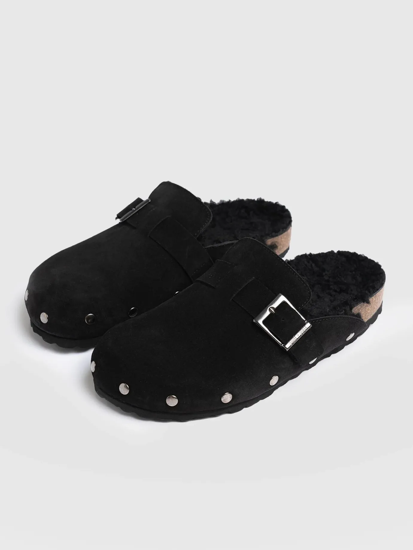 Clogs & Slides|Shoes|Saint and Sofia Studded Clogs - Black Shearling