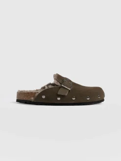 Clogs & Slides|Shoes|Saint and Sofia Studded Clogs - Khaki Shearling