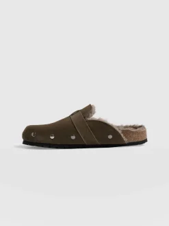Clogs & Slides|Shoes|Saint and Sofia Studded Clogs - Khaki Shearling