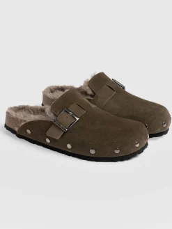 Clogs & Slides|Shoes|Saint and Sofia Studded Clogs - Khaki Shearling
