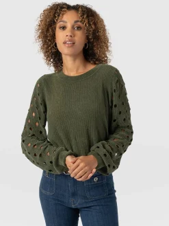 Knitwear|Sweaters|Saint and Sofia Suki Lace Hole Knit - Green