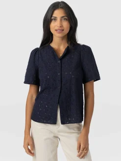 Blouses & Shirts|T-shirts & Tanks|Saint and Sofia Tabitha Short Sleeve Blouse - Navy