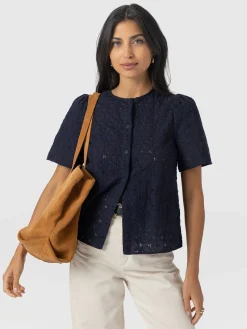 Blouses & Shirts|T-shirts & Tanks|Saint and Sofia Tabitha Short Sleeve Blouse - Navy
