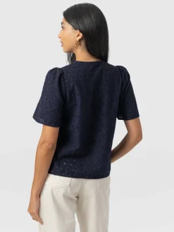 Blouses & Shirts|T-shirts & Tanks|Saint and Sofia Tabitha Short Sleeve Blouse - Navy