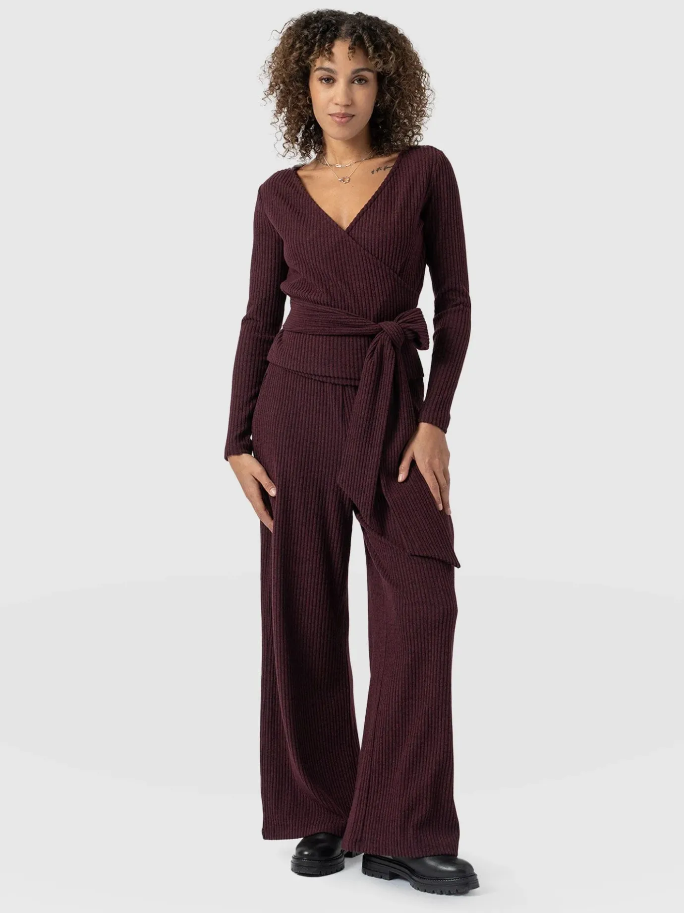 Pants|Saint and Sofia Victory Rib Wide Leg Pant - Burgundy