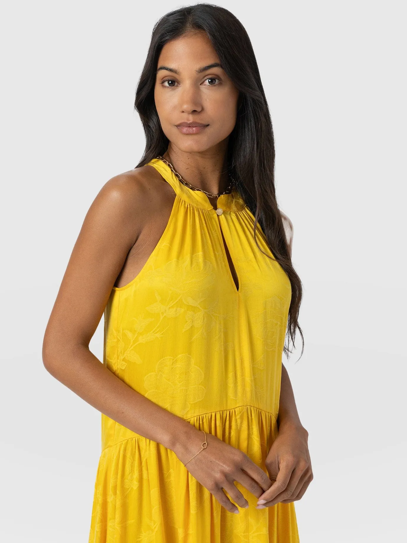 Dresses|Saint and Sofia Zoey Halter Neck Dress - Yellow Jacquard