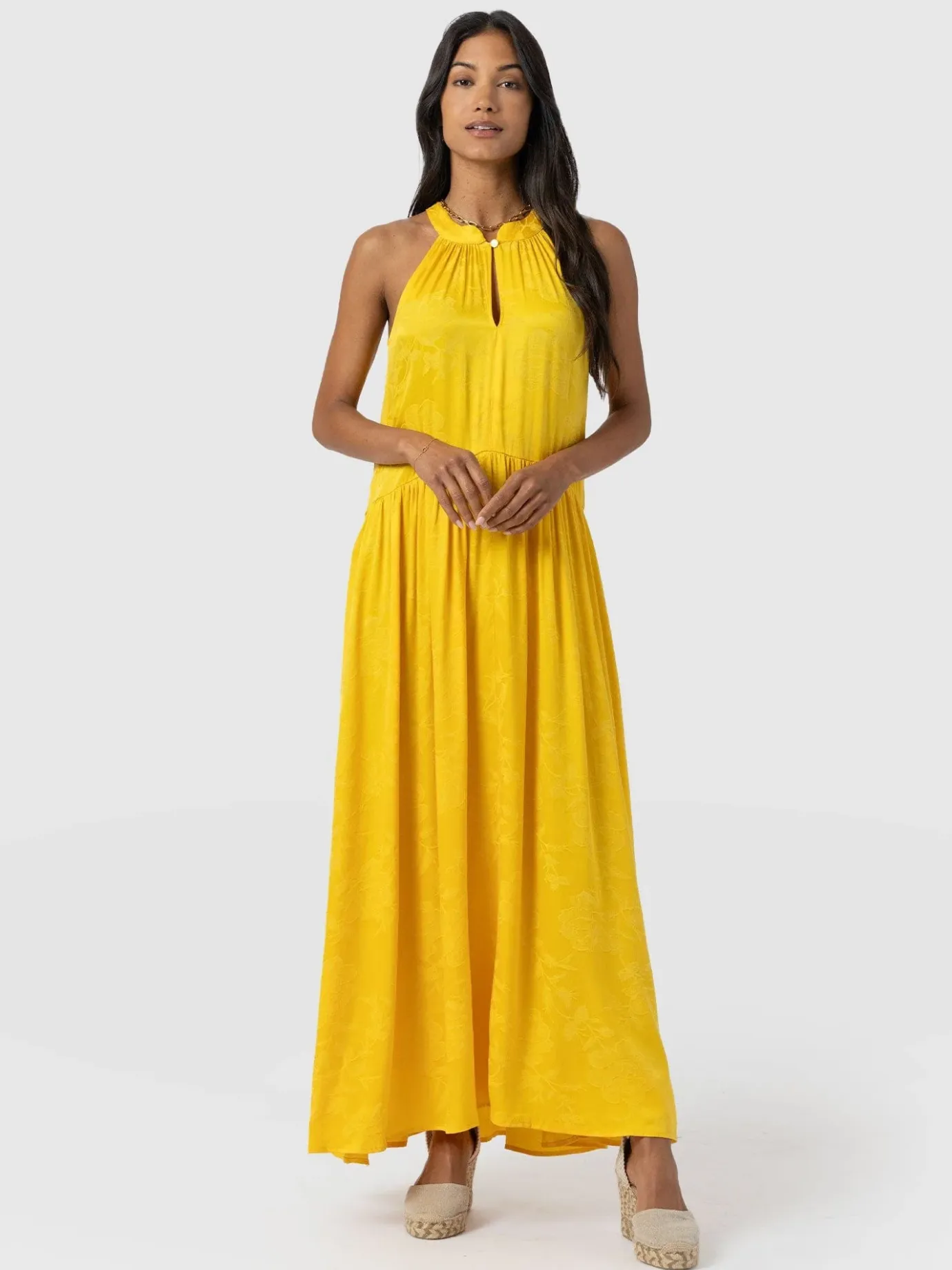 Dresses|Saint and Sofia Zoey Halter Neck Dress - Yellow Jacquard