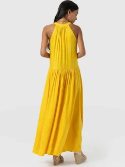 Dresses|Saint and Sofia Zoey Halter Neck Dress - Yellow Jacquard