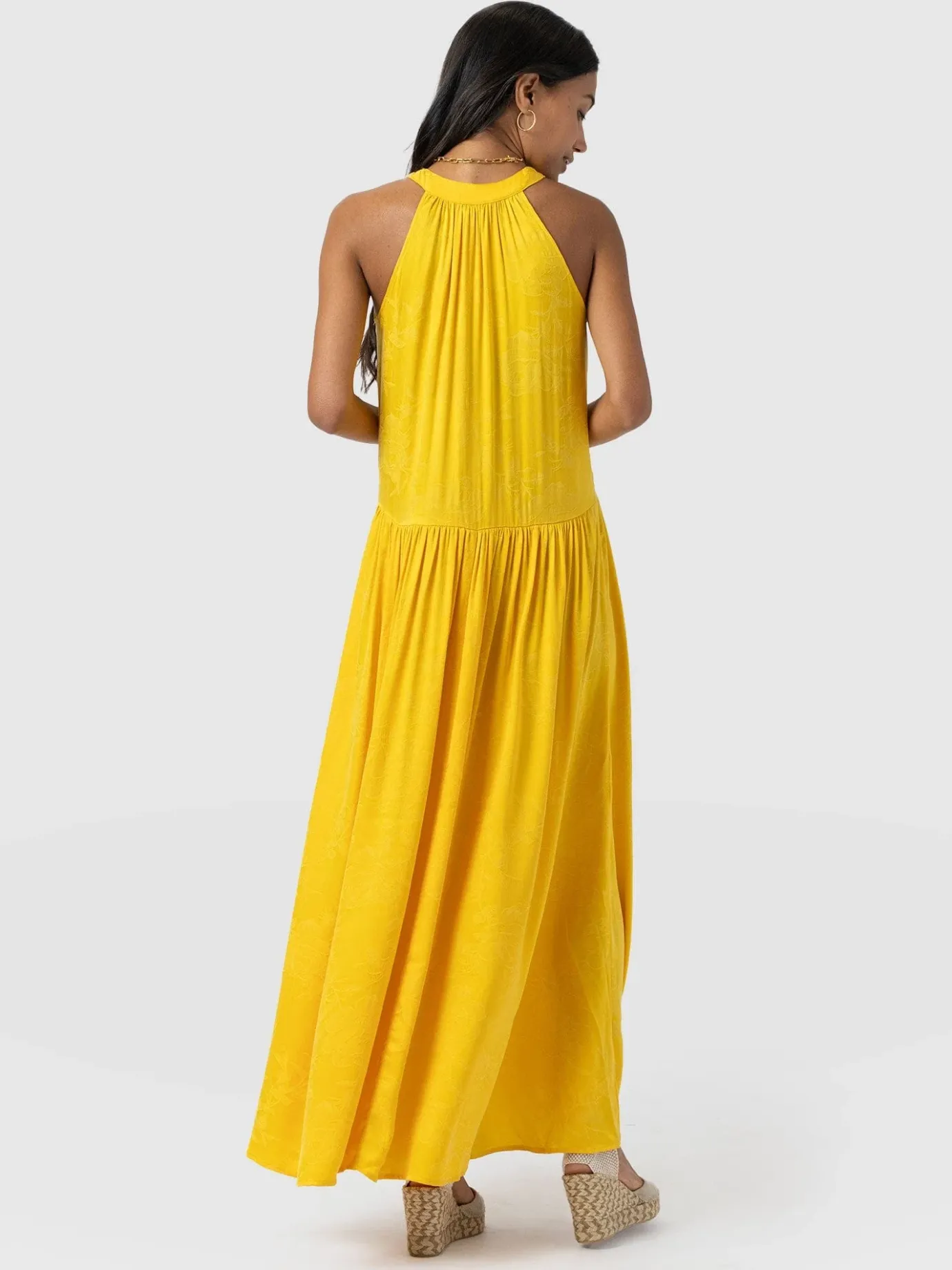 Dresses|Saint and Sofia Zoey Halter Neck Dress - Yellow Jacquard