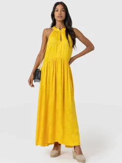 Dresses|Saint and Sofia Zoey Halter Neck Dress - Yellow Jacquard